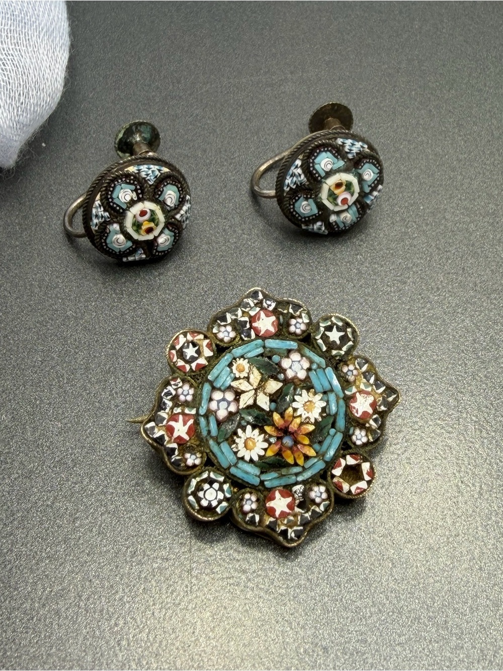 Vintage Micro-Mosaic Flower Brooch and Earrings Set - Multicolor
